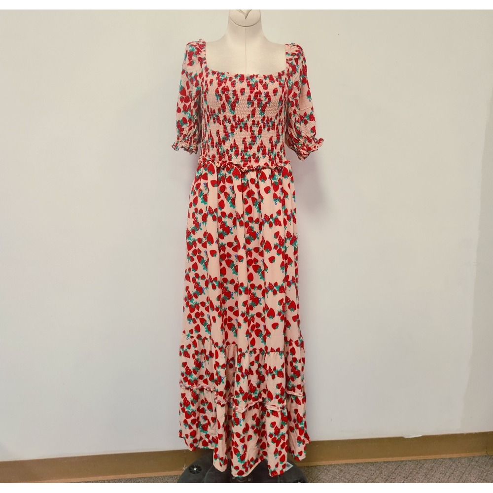 Betsey Johnson Womens Smocked Puff Sleeve Strawberry Dress Size L Tiered Maxi